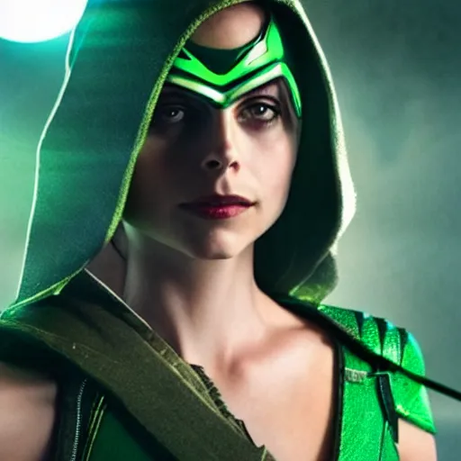 Image similar to film still of willa holland as a female green arrow in the 2 0 1 7 film justice league, focus on facial details, minimal bodycon feminine costume, dramatic cinematic lighting, inspirational tone, suspenseful tone, promotional art