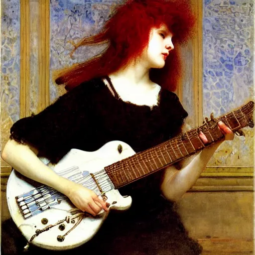 Prompt: Redhead goth girl playing electric guitar, oil painting by Lawrence Alma-Tadema, masterpiece
