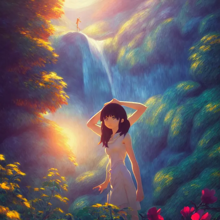 Image similar to an epic makoto shinkai and renoir surreal landscape of a woman's brown hair mixed with a waterfall, 🌺, golden hour, ultra smooth, lois van baarle, ilya kuvshinov, unreal engine, blender, trending on artstation, suntur, caleb worcester, highly detailed, photorealism, bloom effect 8 k