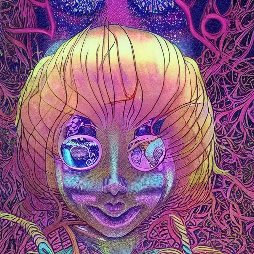 Image similar to A beautiful composition of a psychedelic glowing spirit animal psychonaut floating above a hedge maze, DMT, rich details full of texture, realistic eyes, artwork by Satoshi Kon and Yoshitaka Amano and Moebius