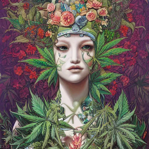 Image similar to goddess of plants by james jean highly detailed painting trending on arstation vivid colors cannabis