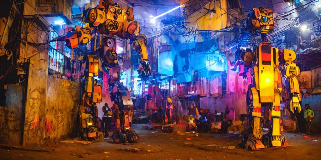 Prompt: colourful giant mecha ROBOT of AJEGUNLE SLUMS in Lagos, markings on robot, neon lit slum, night time,