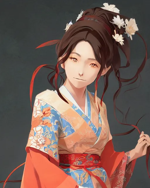 Image similar to an anime portrait of ssunbiki as a beautiful woman wearing a kimono from skyrim, by stanley artgerm lau, wlop, rossdraws, james jean, andrei riabovitchev, marc simonetti, and sakimichan, trending on artstation