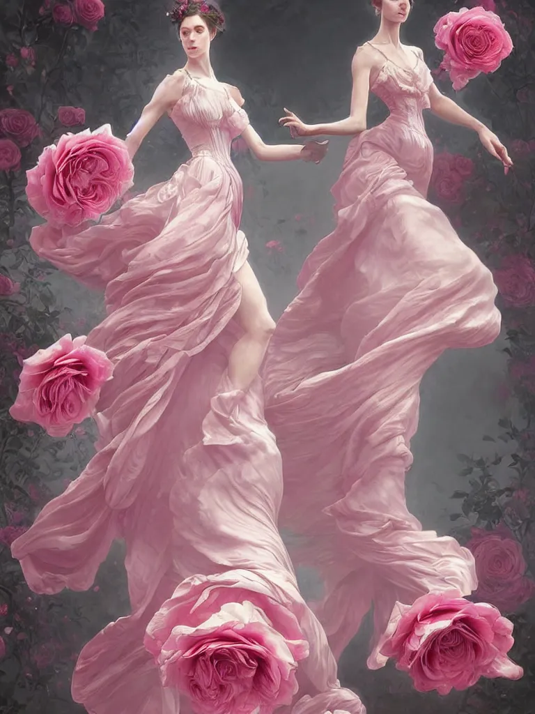 Image similar to !!beautiful!! woman dressed in a vaporous wrapped large victorian pink roses silk semi-transparent dress fashion is running, fantasy, intricate, elegant, highly detailed, digital painting, trending on artstation, concept art, matte, sharp focus, illustration, art by Artgerm and Greg Rutkowski and Alphonse Mucha