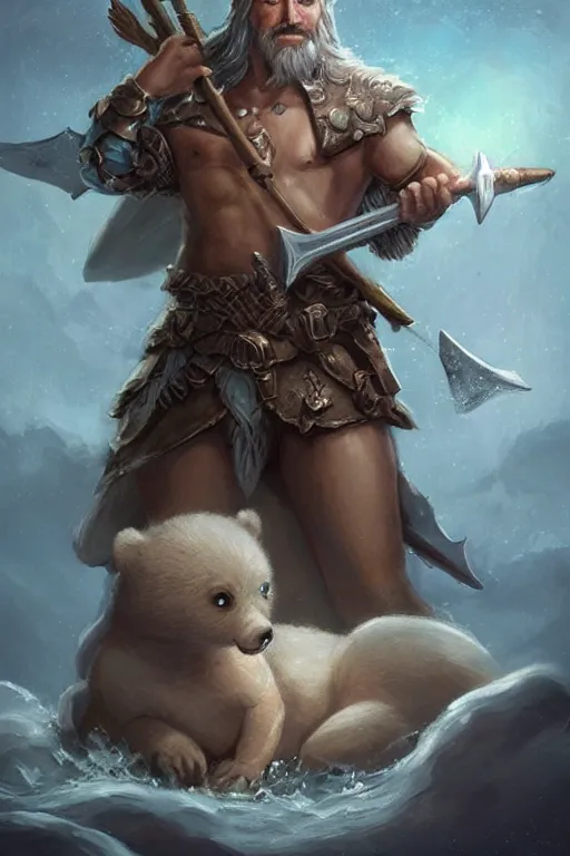 Prompt: Cute Francis pope holding a trident of Poseidon, Francisco pope, tiny, small, miniature bear, baby , short, pale blue armor, cute and adorable, pretty, beautiful, DnD character art portrait, matte fantasy painting, cgsociety Artstation, by Jason Felix by Steve Argyle by Tyler Jacobson by Peter Mohrbacher, cinematic lighting