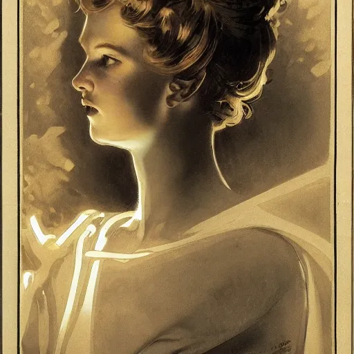 Image similar to a pair of glowing silver eyes shining in the darkness belonging to a mysterious young girl who's silhouette is hardly visible in the darkness. by jc leyendecker. gaston bussiere