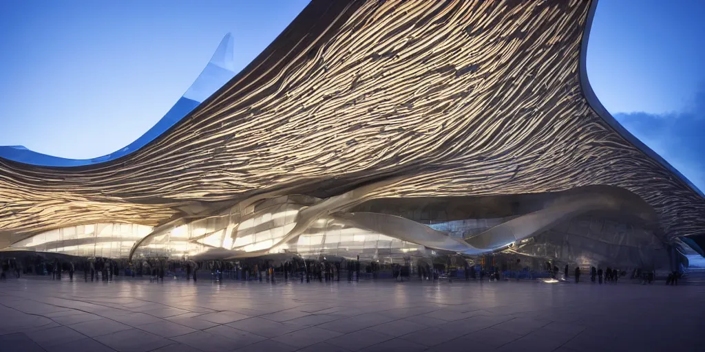 Image similar to extremely detailed ornate stunning sophisticated beautiful elegant futuristic museum exterior by Zaha Hadid, stunning volumetric light, stainless steal, concrete, translucent material, beautiful sunset, tail lights
