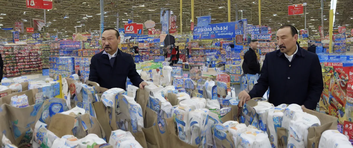 Image similar to genghiz khan in walmart buying lots of toilet paper