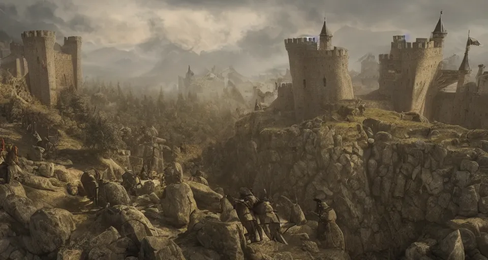 Image similar to ten medieval soldiers atop a castle wall looking over a vast medieval kingdom rule by an evil king. it is a quiet morning. mist, epic, cinematic, volumetric lighting, symmetry, fantasy style, highly - detailed, unreal 5, realism