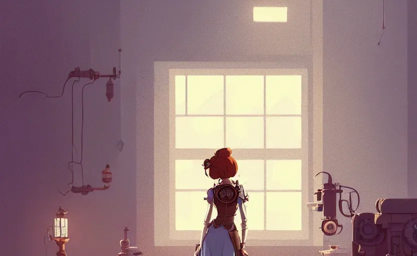 Prompt: female steampunk princess standing near the window by atey ghailan, by greg rutkowski, by simon stalenhag, by greg tocchini, by james gilleard, by joe fenton, by kaethe butcher dynamic lighting, gradient light blue, brown, blonde cream and white color scheme, grunge aesthetic