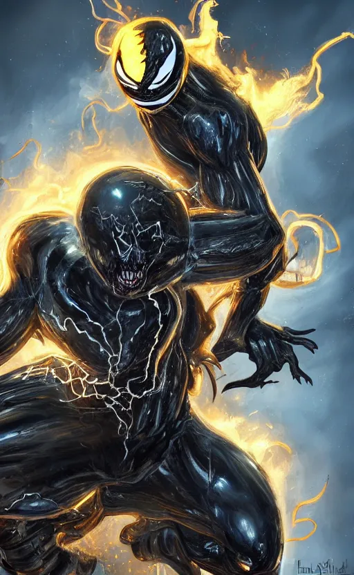 Image similar to venom as ghost rider on a motorcycle, dynamic lighting, photorealistic fantasy concept art, trending on art station, stunning visuals, terrifying, creative, cinematic