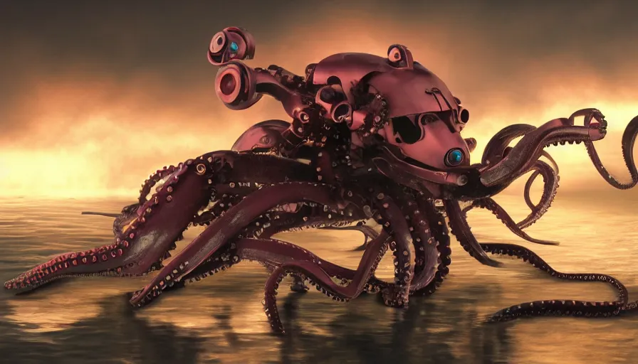 Prompt: color photograph of a battle cyborg fighting a robot octopus