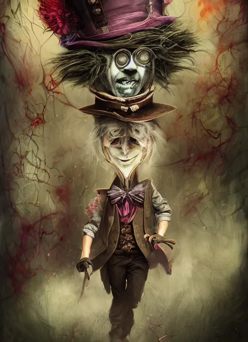 Image similar to mad hatter, angry, scary, cheeky, steampunk googles, highly detailed, cinematic, 8 k, by megan duncanson, benjamin lacombe, stanley artgermm, tom bagshaw, craig mullins, carne griffiths, ayami kojima, beksinski, giger, trending on deviantart, hyper detailed, horror, full of colour