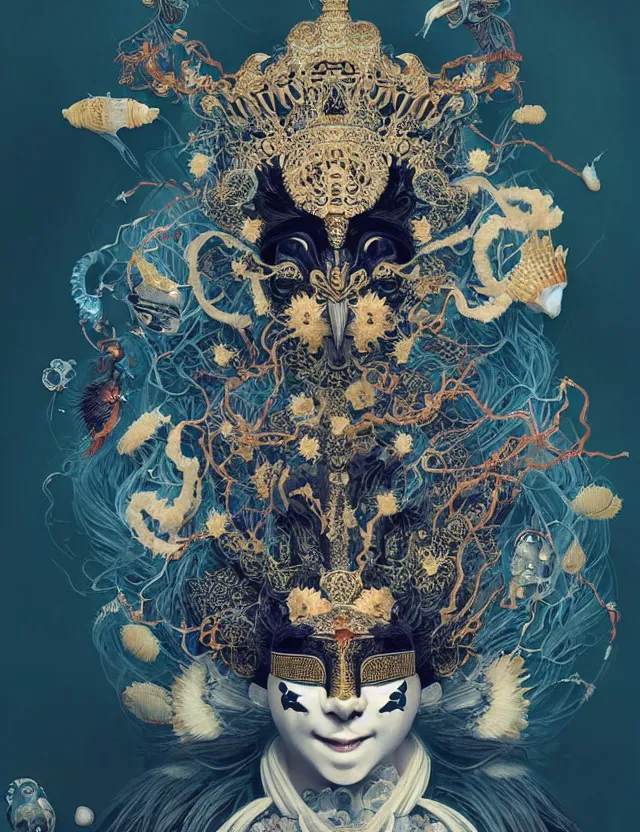 Image similar to goddess portrait with mask and crown made of ram skull. beautiful intricately detailed japanese crow kitsune mask and clasical japanese kimono. betta fish, jellyfish phoenix, bioluminescent, plasma, ice, water, wind, creature, super intricate ornaments artwork by tooth wu and wlop and beeple and greg rutkowski