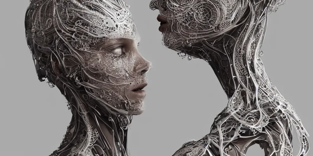 Image similar to realistic photography of a beautiful cyborg androgynous humanoid, shoulder, holding close, in liquid, intricate filigree, in the style of beth cavener, jin kagetsu, wlop, highly detailed, symmetry, masterpiece, concept art, ringflash, highkey lighting, ambient lighting, octane render, 8 k, artstation