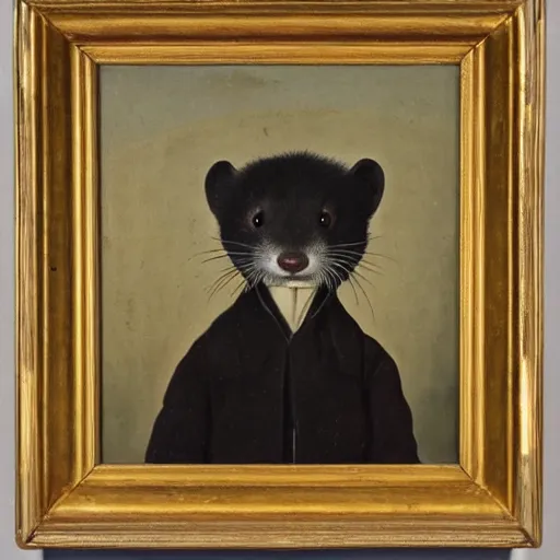 Prompt: Portrait of a Ferret with dark fur in a general outfit , painted by Jan Willem Pieneman, Courageous, Bold, painting, Bourgeois