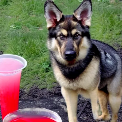 Image similar to german shepard husky mix drinking a bowl of red koolaid