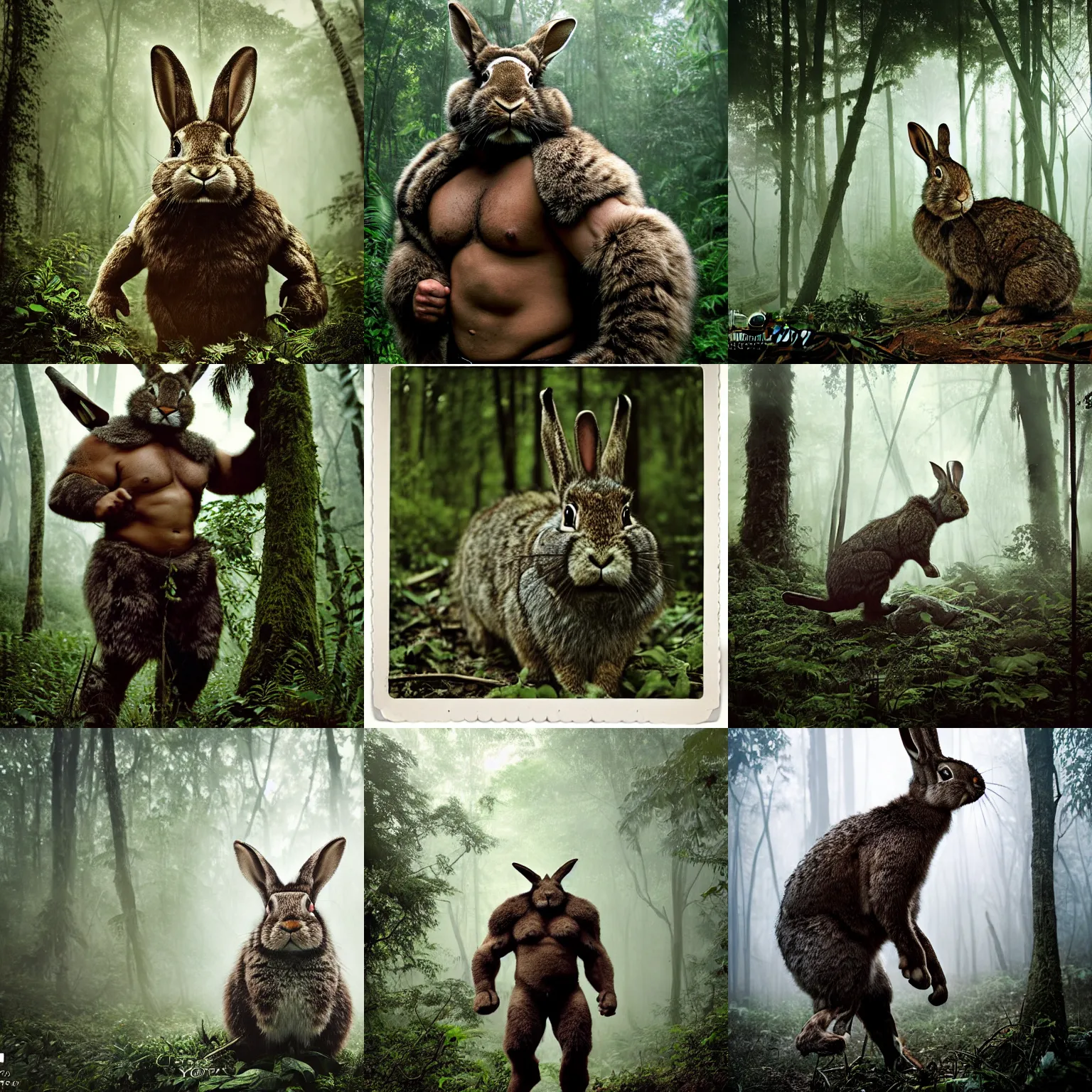 Prompt: photograph by discovery channel! full shot!!!!! armored hulked oversized barbarian rugged rabbit, fog, in deep jungle forest jungle, overcast!!! cinematic focus, polaroid photo, vintage, neutral colors, soft lights, overcast, foggy, full shot by steve hanks, by serov valentin, by lisa yuskavage, by andrei tarkovsky