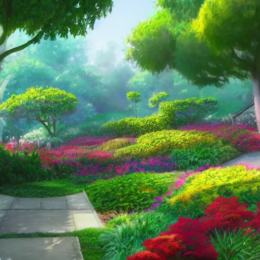 Image similar to a digital painting depicting a beautiful garden from an anime movie, in the style of Tue Tue on ArtStation, cinematic render, 4k,