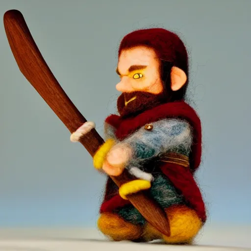 Image similar to needle felted gimli saying and my axe from the fellowship of the ring (2001), highly detailed, tilt shift, atmospheric, hyperrealism, highly textured, god rays