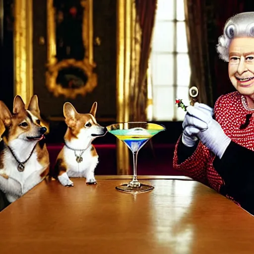 Image similar to tabloid photo of queen elizabeth having gin martinis with her corgis who are also having gin martinis, the corgis are wearing sweaters, royal palace interior, natural sunlight, soft focus, highly detailed, depth of field
