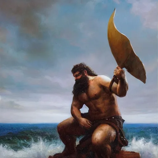 Prompt: by michael malm stormy. a sculpture of a mythological scene. large, bearded man seated on a throne, surrounded by sea creatures. he has a trident in one hand & a shield in the other. behind him is a large fish. in front of him are two smaller creatures.