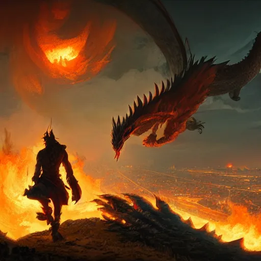 Image similar to Dragon spits fire on a man, burning village in background, plumes of smoke in background, at night, greg rutkowski, highly-detailed