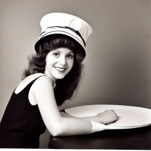 Image similar to several different photos showing young woman wearing a hat on top of a table, in the style of a 7 0 s photograph