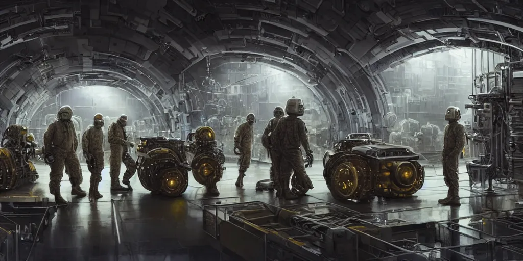 Prompt: an intricate concept art of a military crew inspecting a mechanical robot inside a megastructure facility,sci-fi, cinematic lighting, hyper realistic, art by dylan cole, detailed matte painting, digital art, scifi color palette