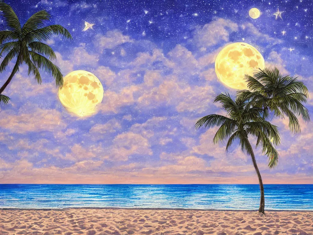 Prompt: night on a summer miami city beach, you can see part of the city, palm trees, footprints in the sand, full moon reflected in the calm ocean, starry sky 8 k, ultra detailed, trending on artstation, digital painting