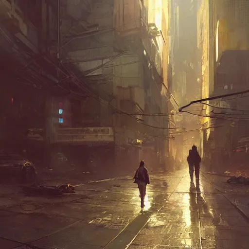 Image similar to wanderer, sidewalk of a cyberpunk megacity, dramatic lighting, detailed background, gorgeous view, realistic, high detail, depth of field, lightrays, atmospheric, digital art, painted by greg rutkowski, painted by jeremy mann, painted by alphonse mucha, trending on artstation