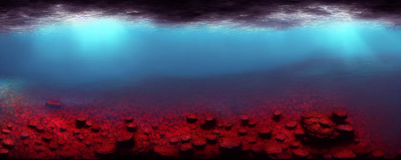 Image similar to A gorgeous detailed oil of a dark red sea covered in big blue steep rocks, a school of piranhas underwater, the further away the mistier it gets, surreal, concept art, dark aesthetic, atmospheric, moody, hyperrealism, highly detailed, masterpiece, award winning, 4k, unreal engine