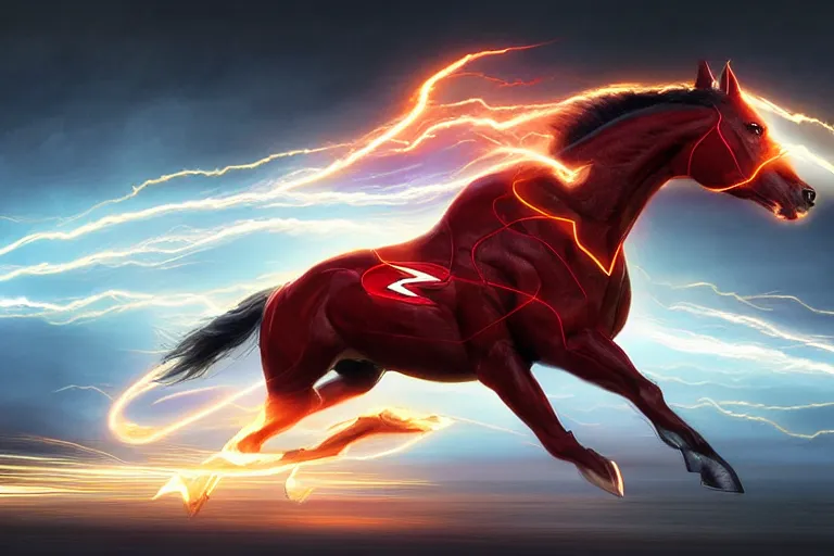 Image similar to a stunning digital painting of a horse as the flash in costume running in the speedforce by greg rutkowski, volumetric light, digital art, fine detail, photorealistic