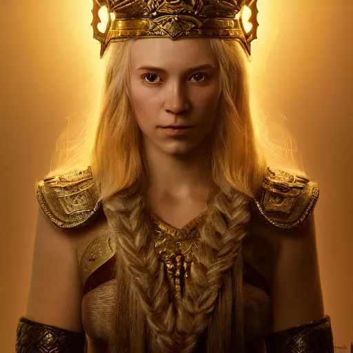 Image similar to the elder scrolls vi, charismatic regal blonde female jarl, portrait, exquisitely designed throne room, atmospheric lighting, painted, intricate, volumetric lighting, beautiful, daytime, slightly sunny weather, sharp focus, deep colours, ultra detailed, by leesha hannigan, ross tran, thierry doizon, kai carpenter, ignacio fernandez rios