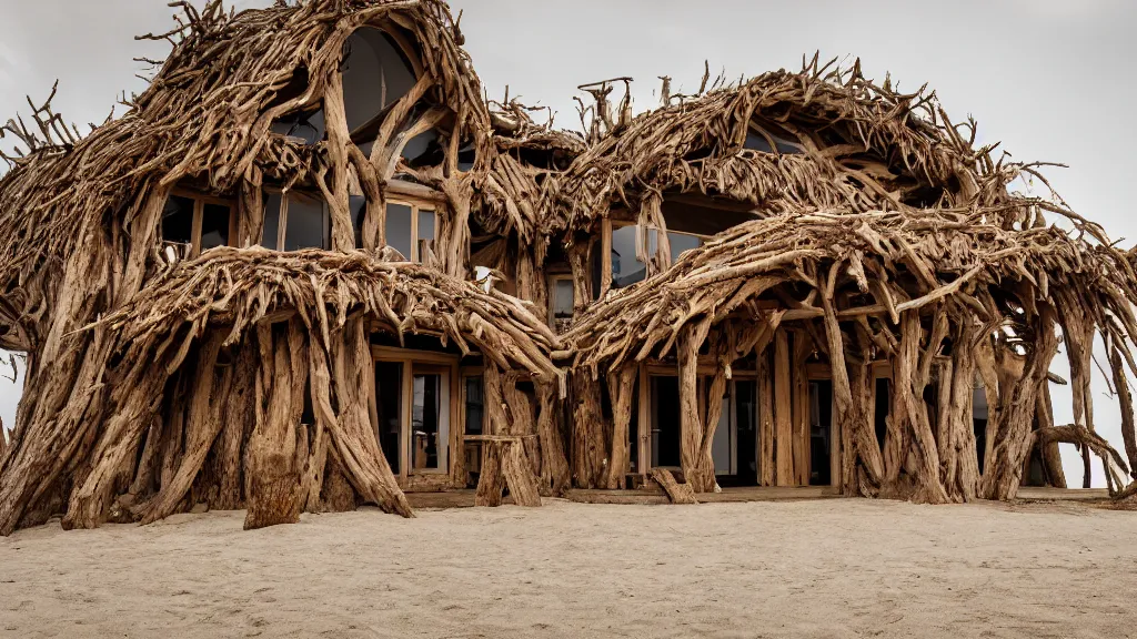 Prompt: architectural photography of a house made of driftwood, natural and organic and flowing, on the coast, wide angle, shot from a low angle, great lighting, cinematic.