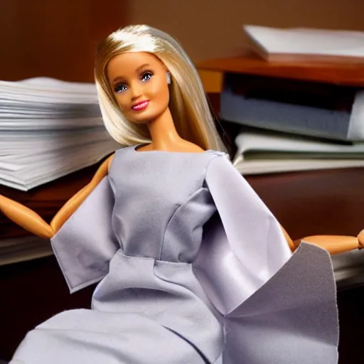 Image similar to a tired and sad barbie doll sits at a desk in her office. the desk is overflowing!!! with several large stacks!!! of paper that surround!!! her entirely. her head is resting on her hand, photorealistic,
