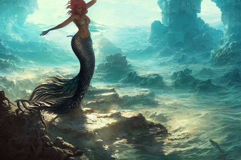 Image similar to a beautiful mermaid looking at the sunken city of Atlantic under water, ray of sunlight, Greg Rutkowski, Mohrbacher