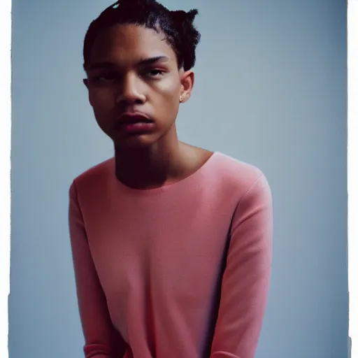 Image similar to realistic photoshooting for a new balenciaga lookbook, color film photography, portrait of a beautiful woman, in style of Tyler Mitchell, 35mm