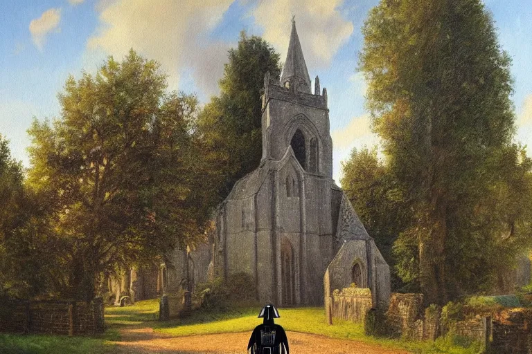 Prompt: a detailed oil painting of darth vader leaving a medieval flint church,, quaint english, churchyard, trees, golden hour