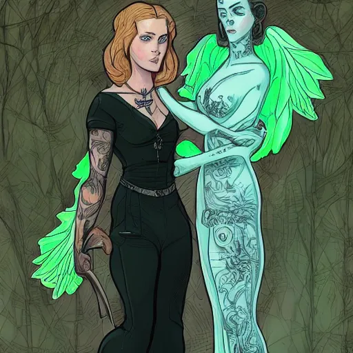 Image similar to modest short - haired tattooed heroic stoic handsome muscular blonde butch tomboy woman engineer in jumpsuit standing beside dark fae feathered modest gothic jennifer connelly in long dress, standing together in a beautiful lush garden at night, in love, highly detailed, trending on art station, illustration, oil painting, mignola, mucha, comic book