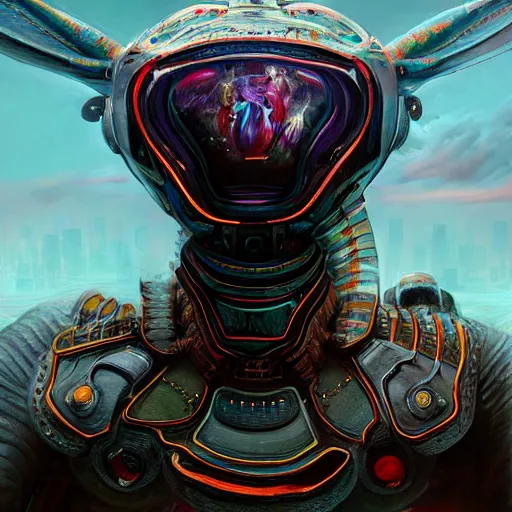 Image similar to ultra realist and ultra intricate detailed soft painting of a sci fi mantis shrimp, from the waist up, sci-fi helmet, symmetry features, sensual gloomy style, volumetric clouds, cyberpunk burning building background, artstation, unreal render, depth of field