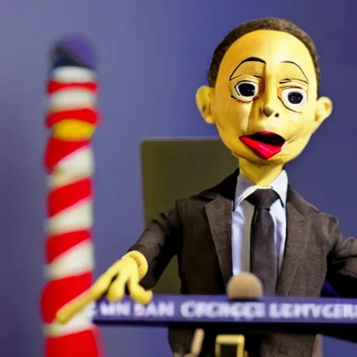 Prompt: one president puppeteer that looks like a marionette in a podium giving a press conference