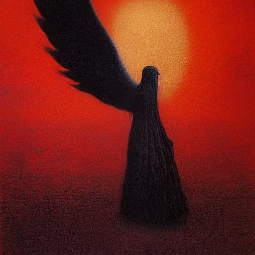 Image similar to bird girl with black wings by Beksinski