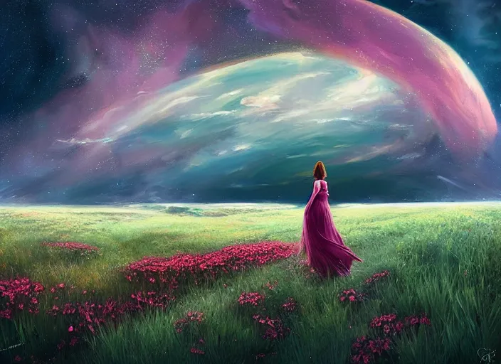 Image similar to a lone princess walks through a vast flower field in the cosmic sky by guweiz and peder mørk mønsted