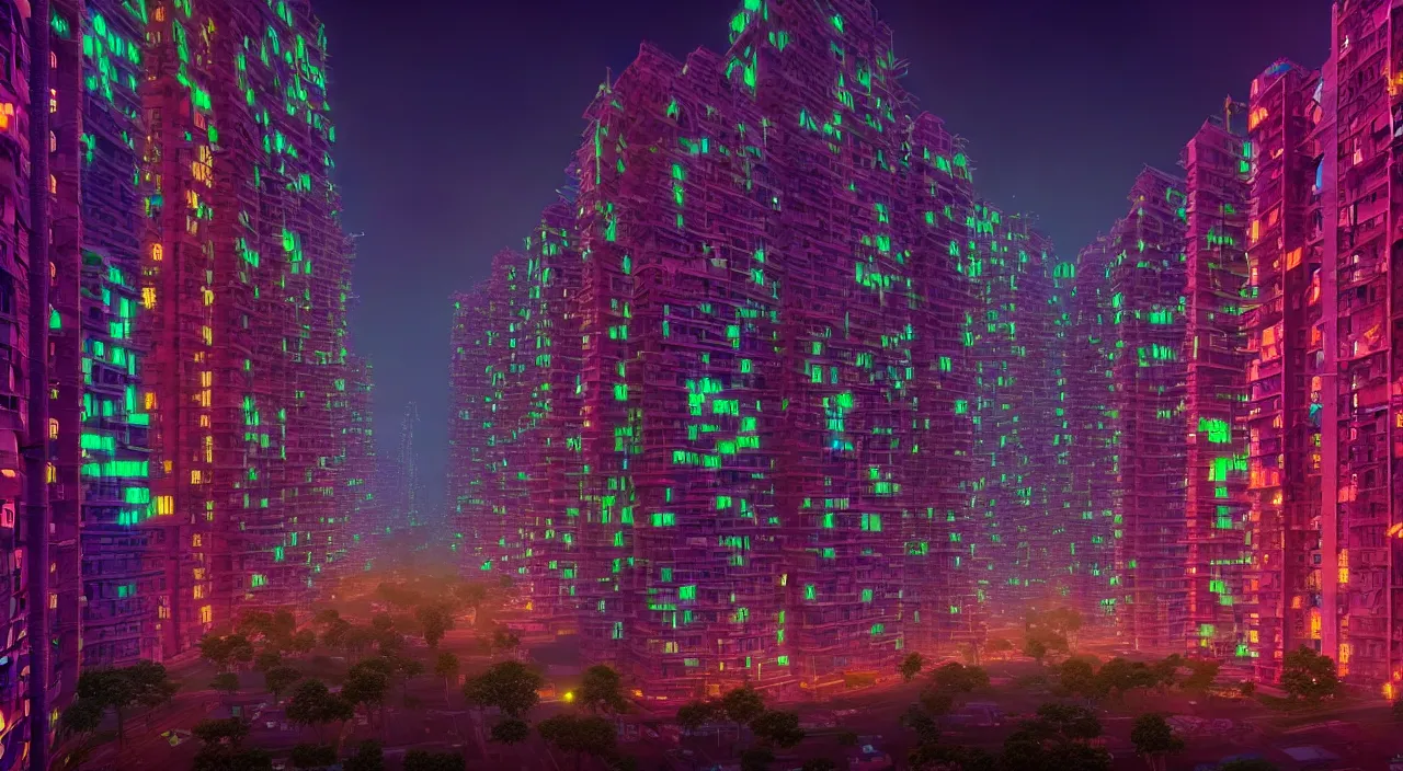 Prompt: Cyberpunk Residential Blocks, futuristic Phnom-Penh Cambodia, neon lighting