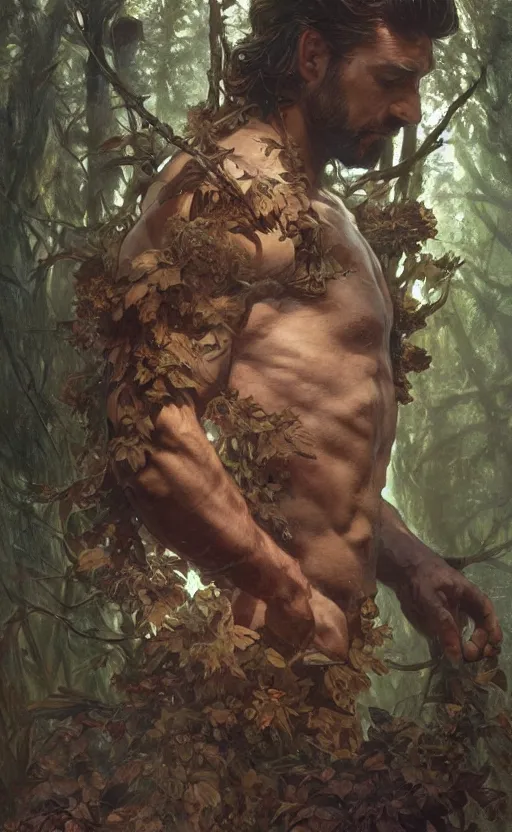 Image similar to god of the forest, 3 0 years old, rugged, male, gorgeous, detailed face, amazing, full body, flowers, muscular, intricate, highly detailed, digital painting, artstation, concept art, sharp focus, illustration, art by greg rutkowski and alphonse mucha