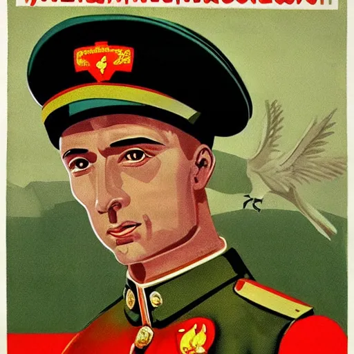 Prompt: soviet propaganda poster depicting a dromaius novaehollandiae in military uniform, painting by dmitti moor