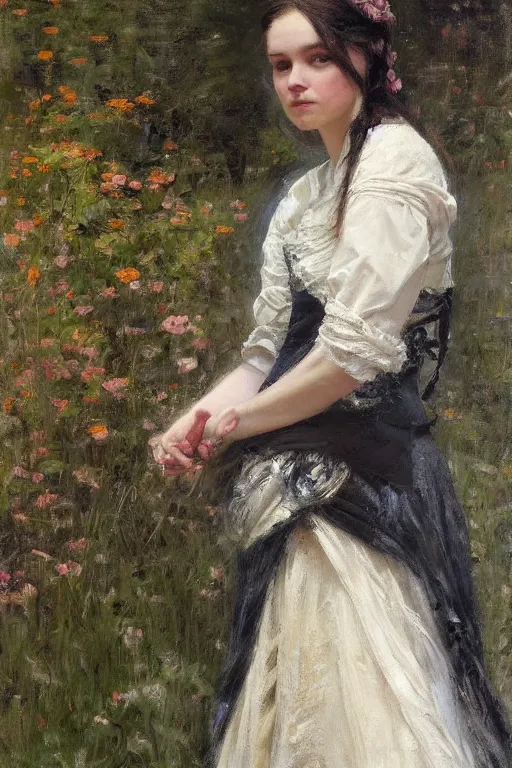 Image similar to Richard Schmid and Jeremy Lipking full length portrait painting of a victorian castle