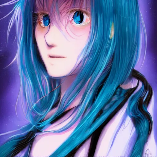 Image similar to side profile of rimuru tempest looking down with sky blue hair, long hair, gold eyes, high collar, film grain, 3 5 mm, black jacket | shiny, highly detailed, rain, professional digital painting, concept art, award - winning photography, cinematic, wlop | art by pixiv art, andy warhol, yoshitaka amano, deviantart