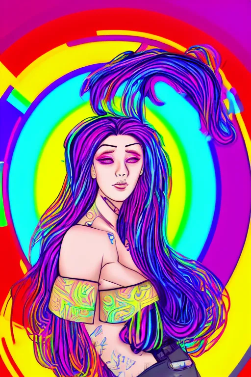 Image similar to a award winning portrait of a beautiful woman with stunning eyes in a one off shoulder croptop and cargo pants with rainbow colored hair, outlined by whirling illuminated neon lines and fine lines swirling in circles by ossdraws, digital art, trending on artstation